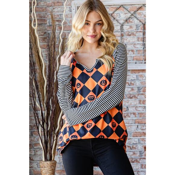 Hemish Tops - Heimish Full Size Checkered Contrast Striped Long Sleeve T-Shirt